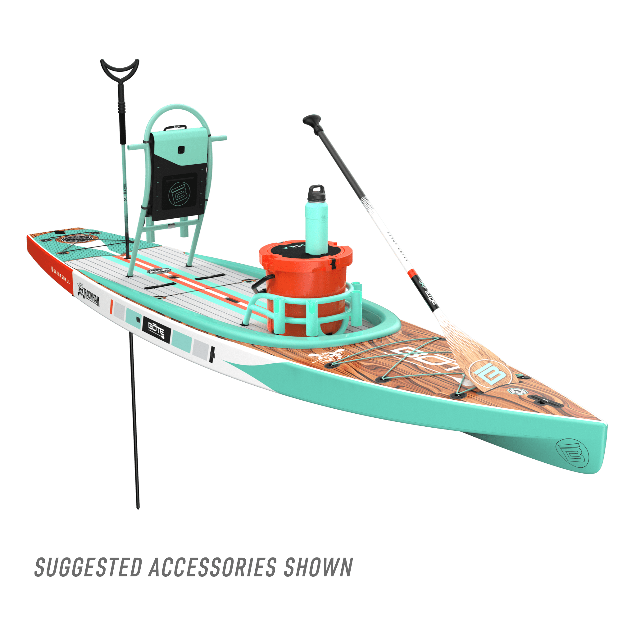 Front angled view of the Rackham 14′ Classic Mangrove Paddle Board with paddle and suggested accessories