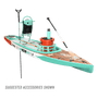 Front angled view of the Rackham 14′ Classic Mangrove Paddle Board with paddle and suggested accessories
