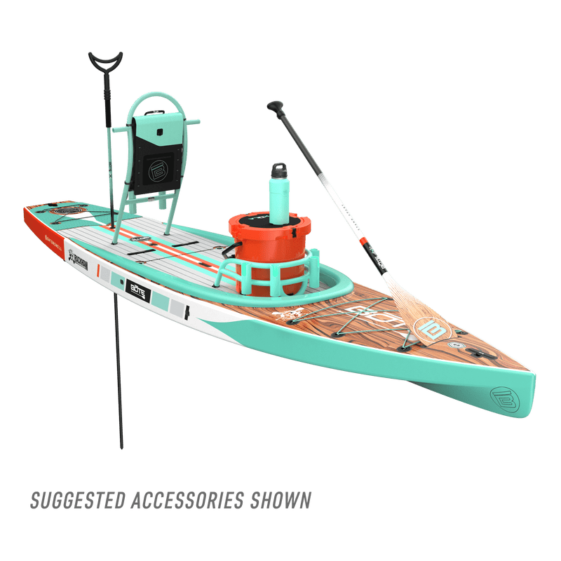 Front angled view of the Rackham 14′ Classic Mangrove Paddle Board with paddle and suggested accessories
