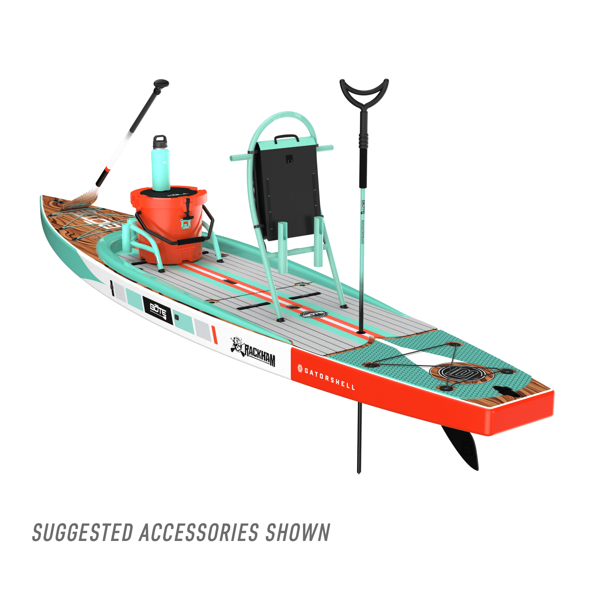 Rear angled view of the Rackham 14′ Classic Mangrove Paddle Board with paddle and suggested accessories