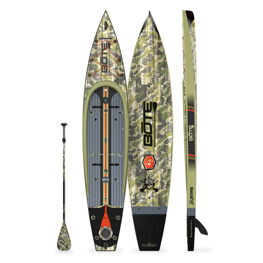 Top, bottom and side view of the Rackham 14' Verge Camo Paddle Board with paddle