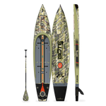 Top, bottom and side view of the Rackham 14' Verge Camo Paddle Board with paddle