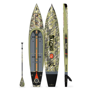 Top, bottom and side view of the Rackham 14' Verge Camo Paddle Board with paddle