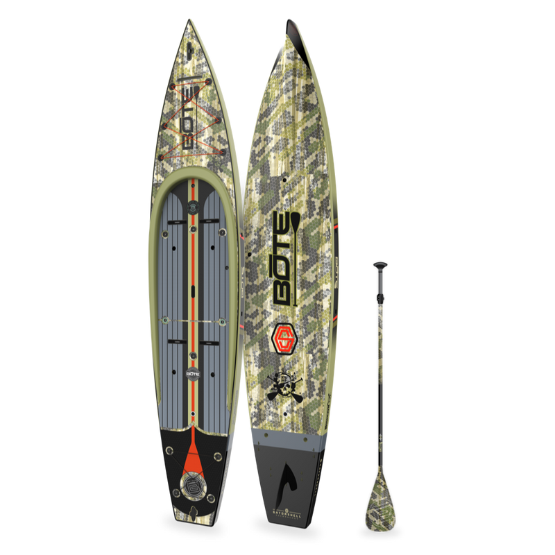 Rackham 14' Verge Camo Paddle Board with BOTE logo and a paddle