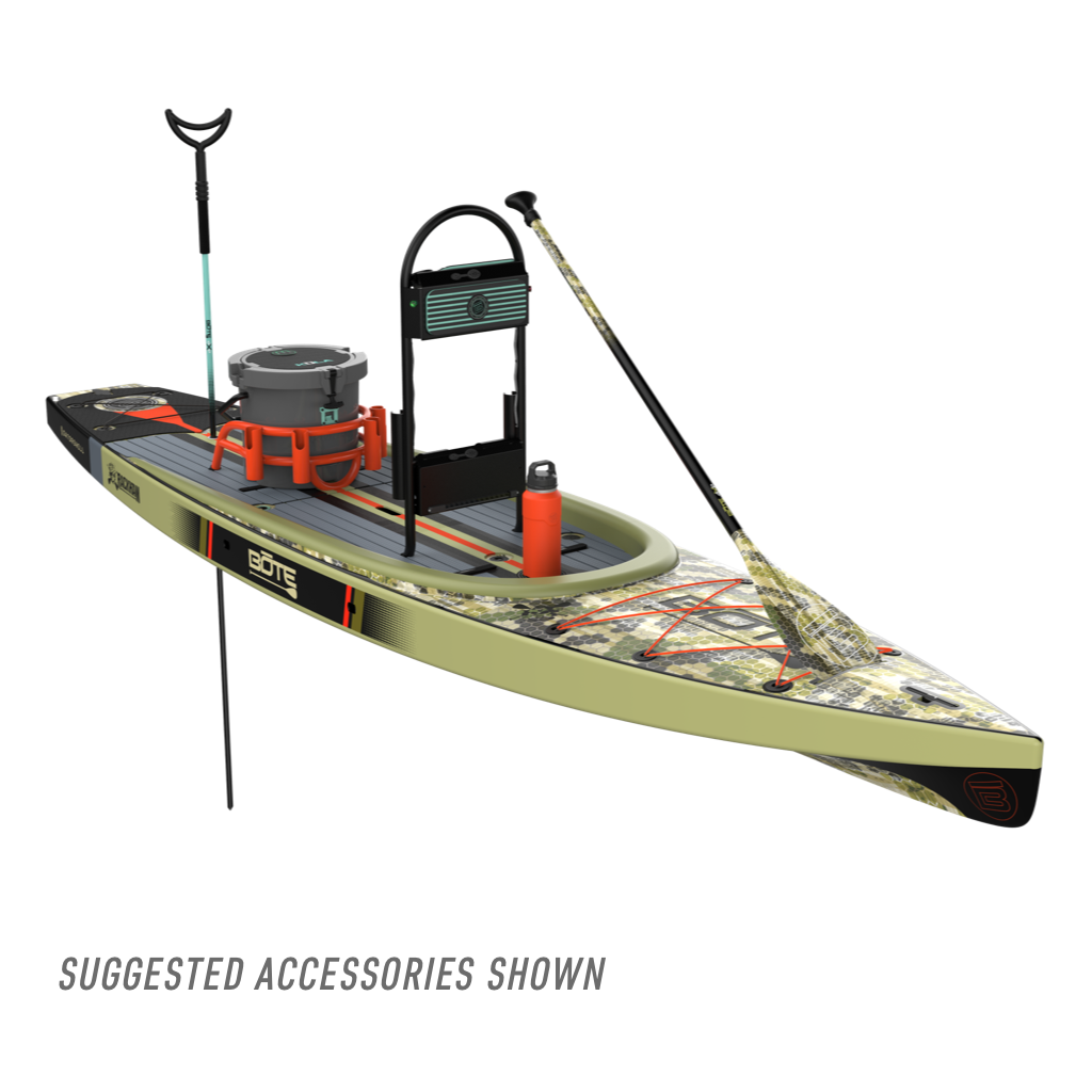 Front angled view of the Rackham 14' Verge Camo Paddle Board with suggested accessories