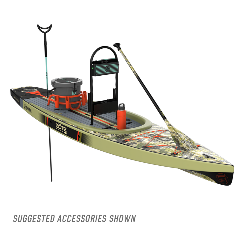 Front angled view of the Rackham 14' Verge Camo Paddle Board with suggested accessories
