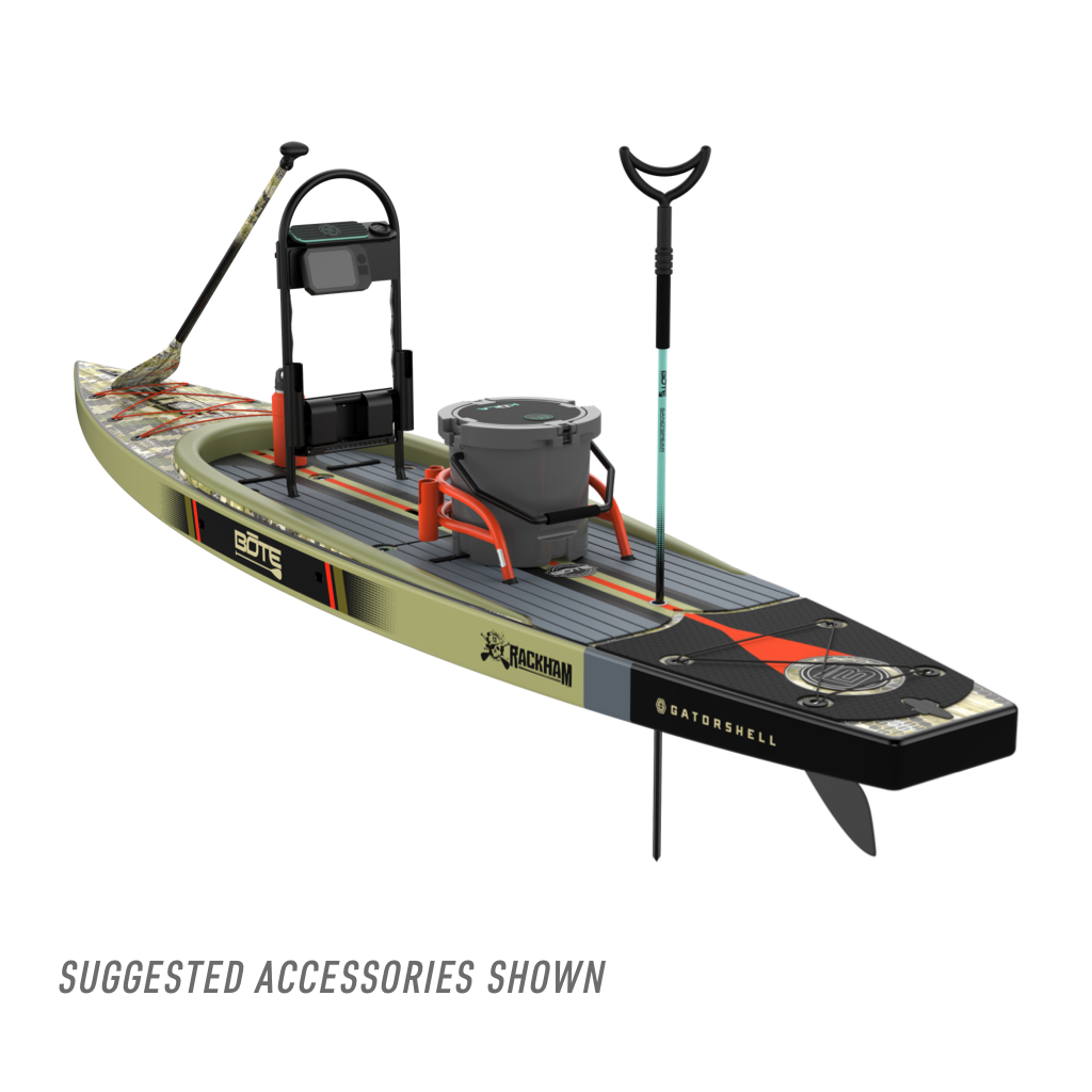 Rear angled view of the Rackham 14' Verge Camo Paddle Board with suggested accessories