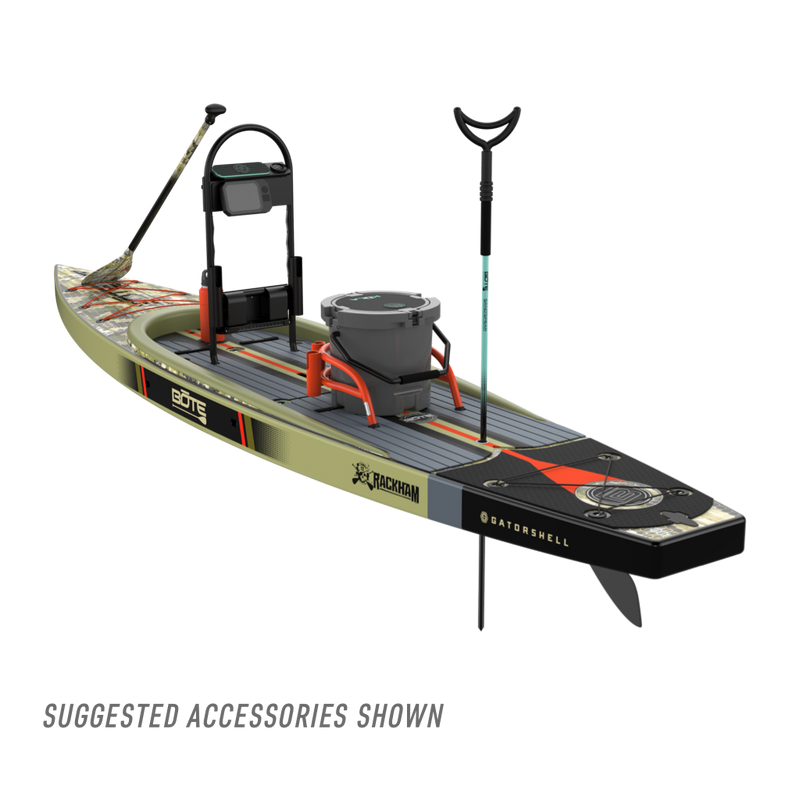 Rear angled view of the Rackham 14' Verge Camo Paddle Board with suggested accessories