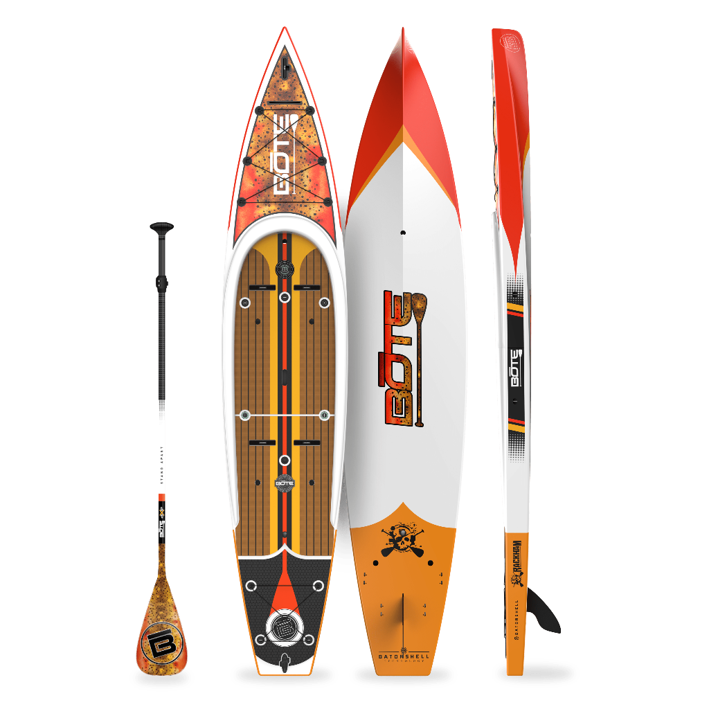 Top, side, and bottom view of the Rackham 14′ Fischer Cutthroat Paddle Board with paddle