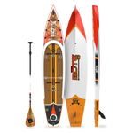 Top, side, and bottom view of the Rackham 14′ Fischer Cutthroat Paddle Board with paddle