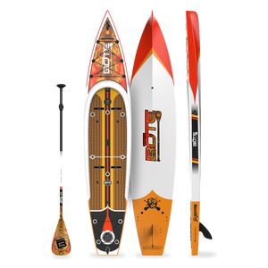 Top, side, and bottom view of the Rackham 14′ Fischer Cutthroat Paddle Board with paddle