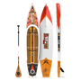 Top, side, and bottom view of the Rackham 14′ Fischer Cutthroat Paddle Board with paddle