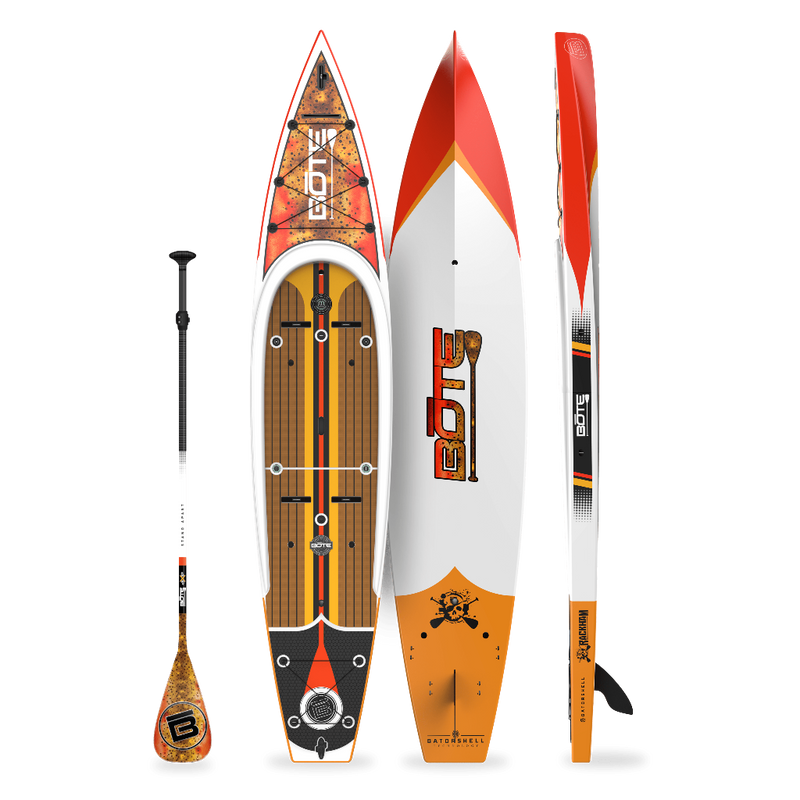 Top, side, and bottom view of the Rackham 14′ Fischer Cutthroat Paddle Board with paddle
