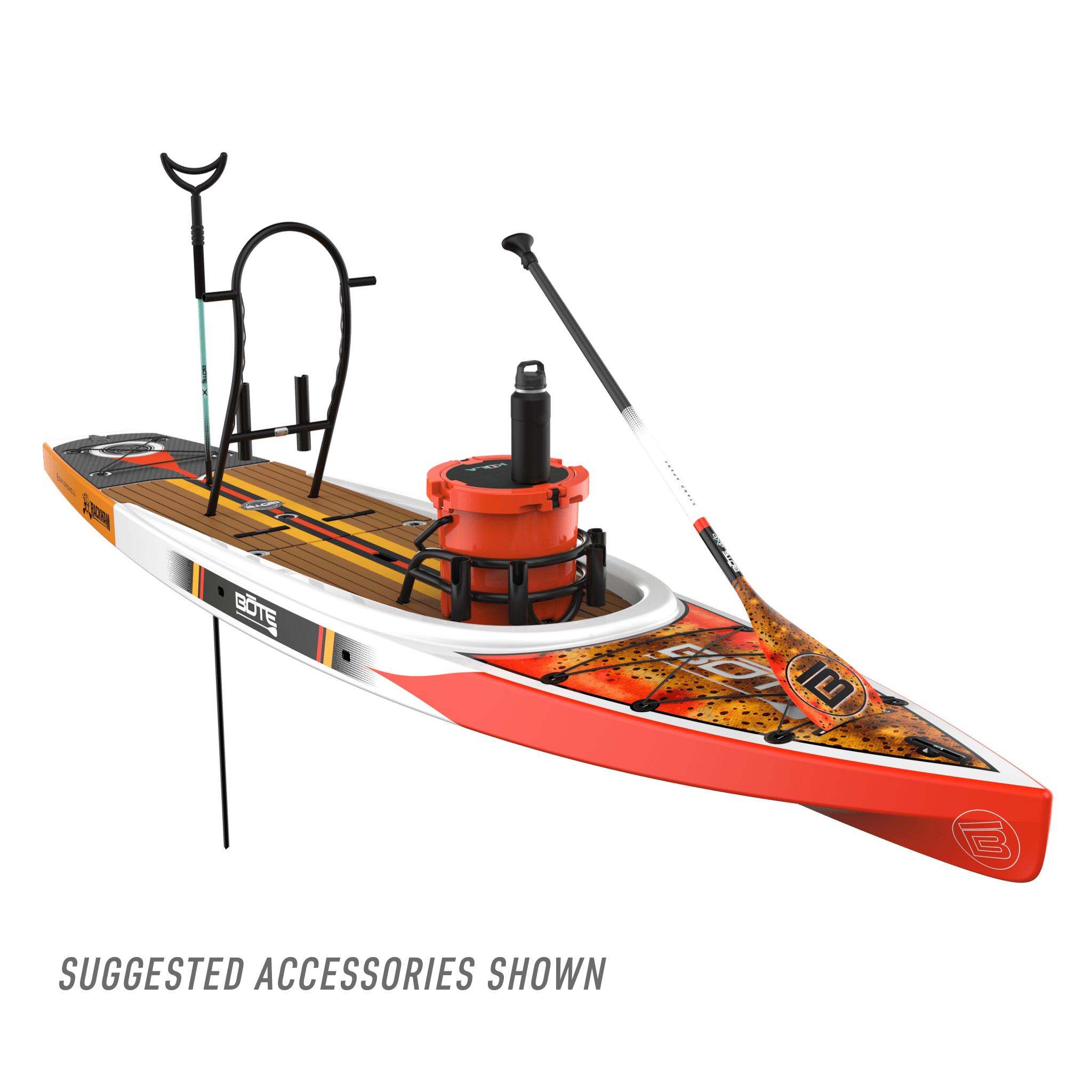Front angled view of the Rackham 14′ Fischer Cutthroat Paddle Board with suggested accessories