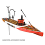 Front angled view of the Rackham 14′ Fischer Cutthroat Paddle Board with suggested accessories