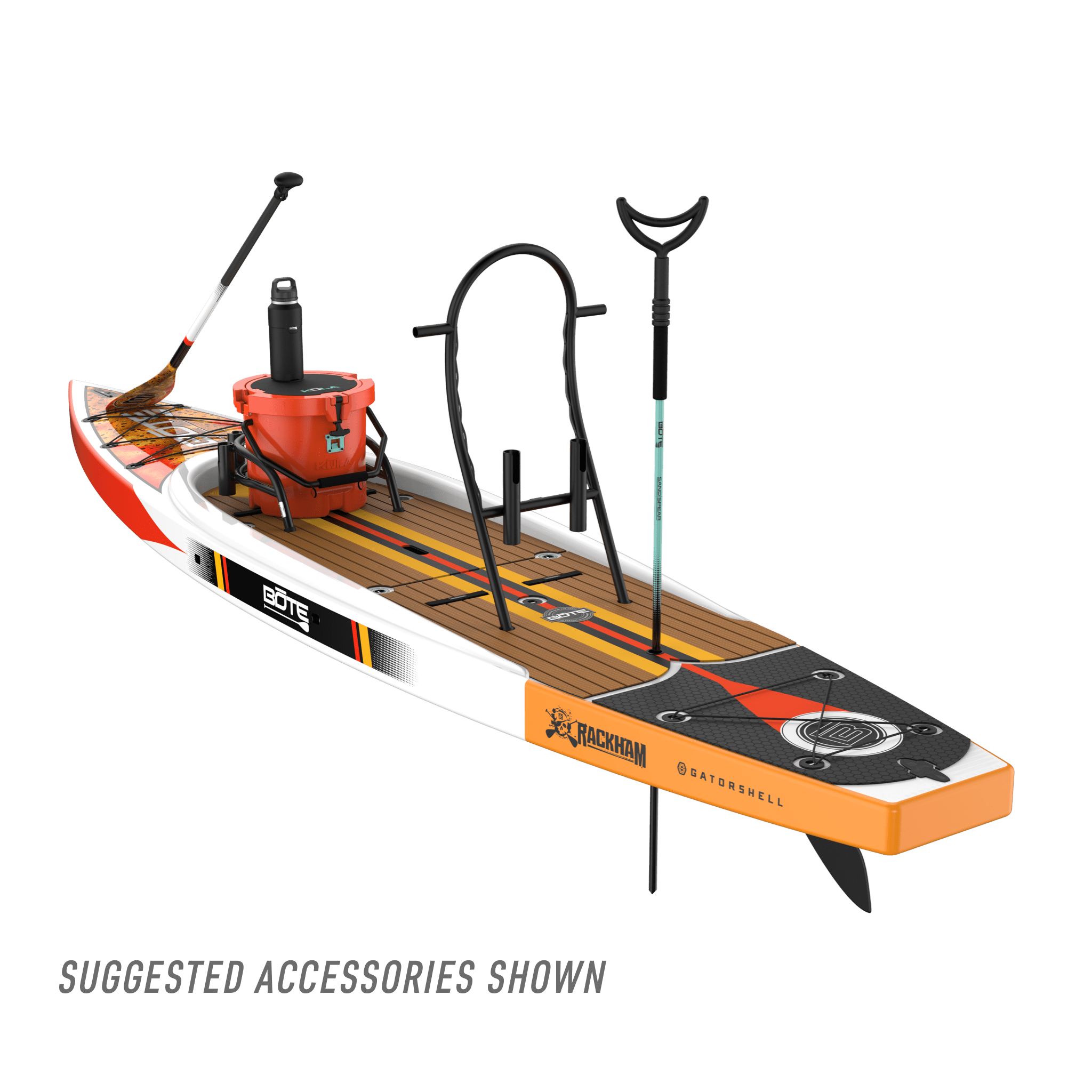 Rear angled view of the Rackham 14′ Fischer Cutthroat Paddle Board with suggested accessories