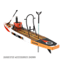 Rear angled view of the Rackham 14′ Fischer Cutthroat Paddle Board with suggested accessories