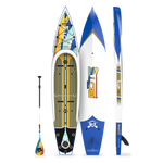 Top, side, and bottom view of the Rackham 14′ Native Fusion Paddle Board with paddle