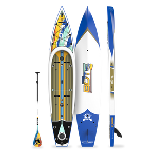 Top, side, and bottom view of the Rackham 14′ Native Fusion Paddle Board with paddle