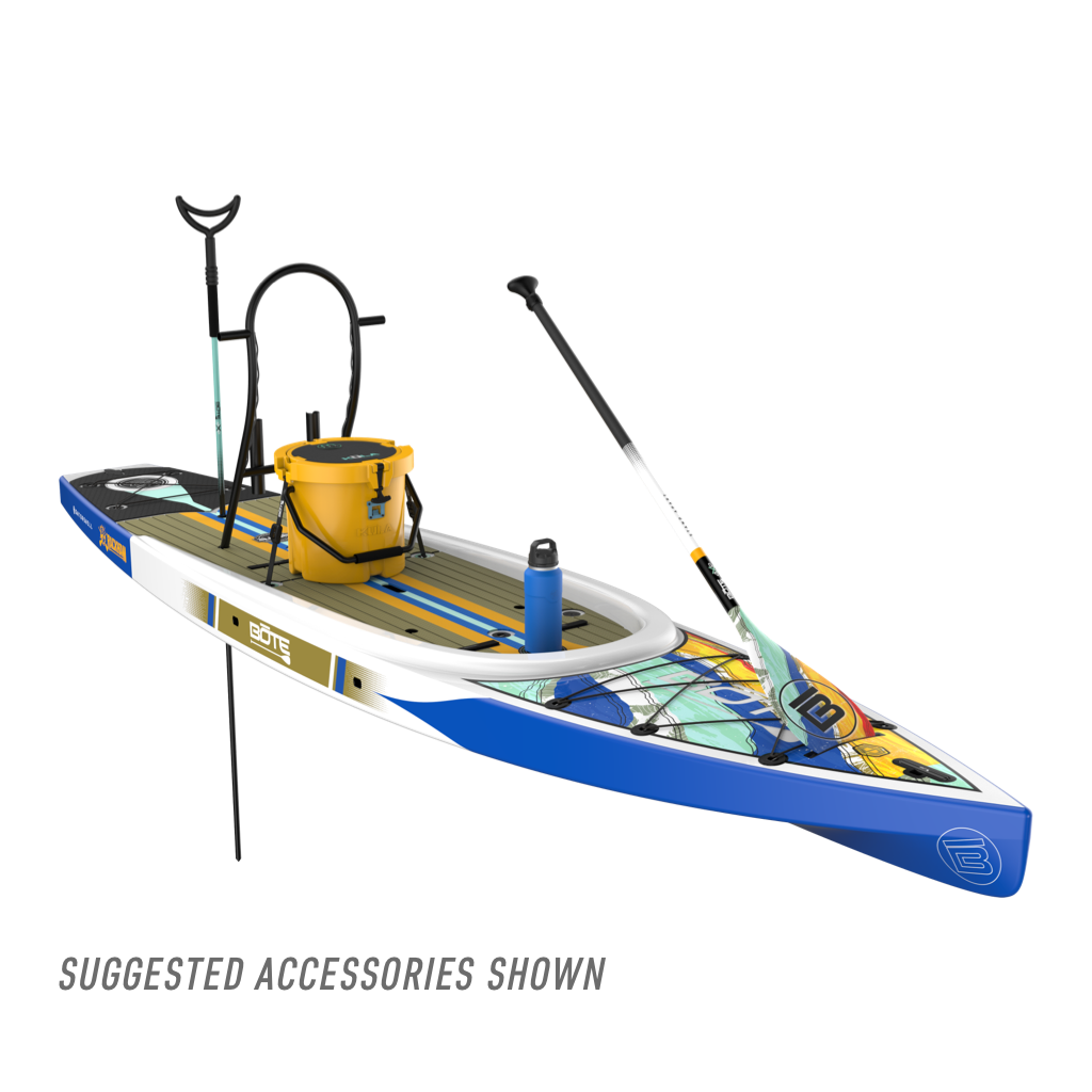 Front angled view of the Rackham 14′ Native Fusion Paddle Board with accessories