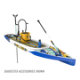 Front angled view of the Rackham 14′ Native Fusion Paddle Board with accessories