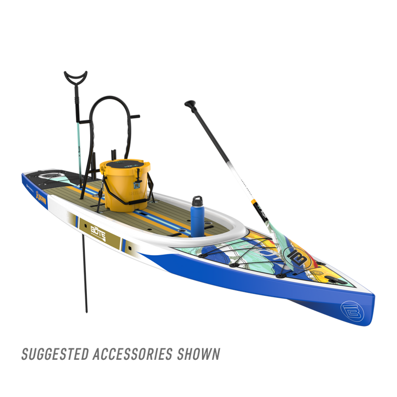 Front angled view of the Rackham 14′ Native Fusion Paddle Board with accessories