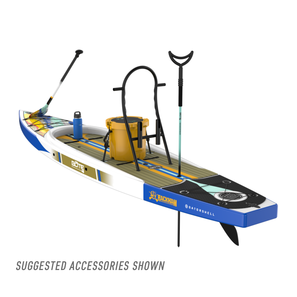 Rear angled view of the Rackham 14′ Native Fusion Paddle Board with accessories