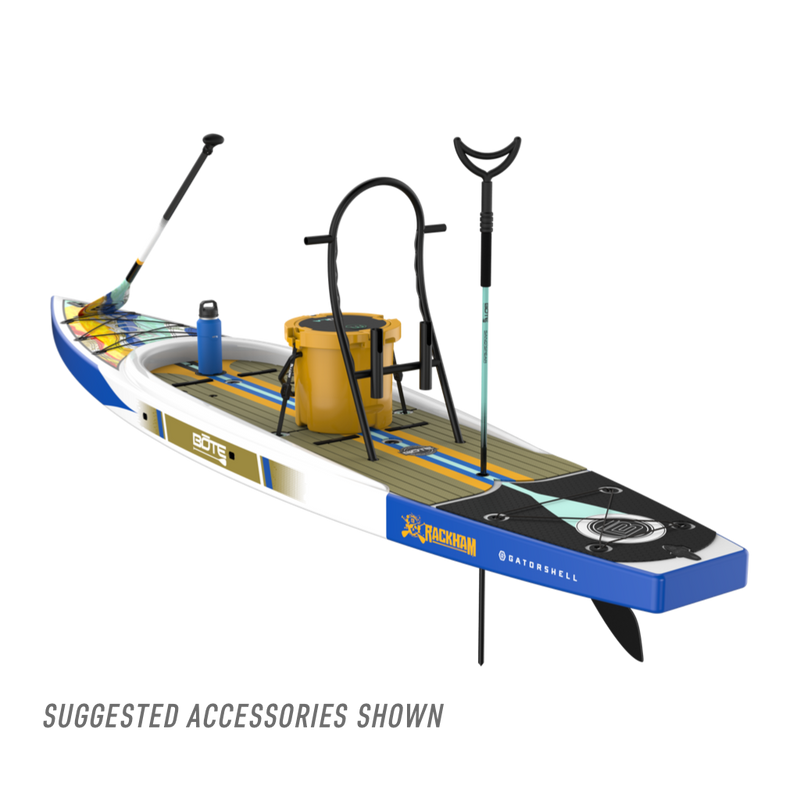 Rear angled view of the Rackham 14′ Native Fusion Paddle Board with accessories