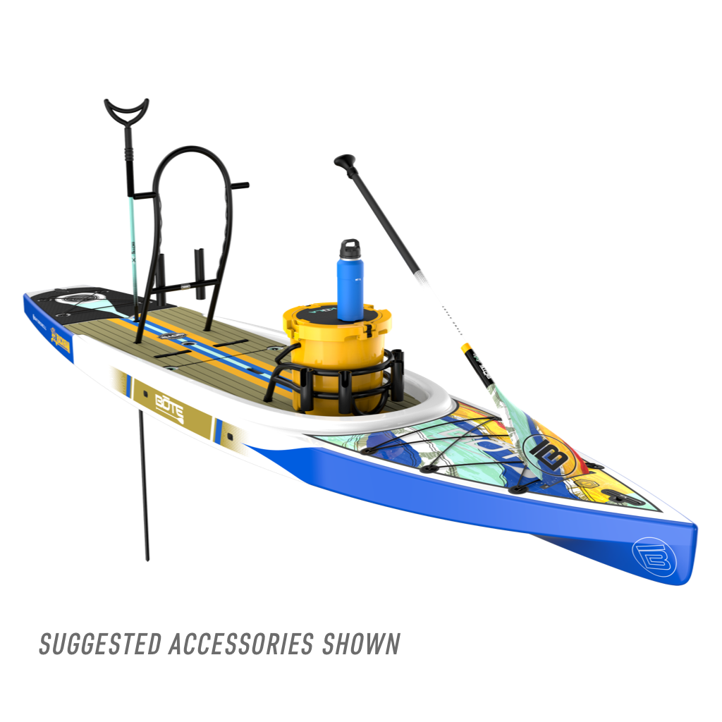 Front angled view of the Rackham 14′ Native Fusion Paddle Board with suggested accessories