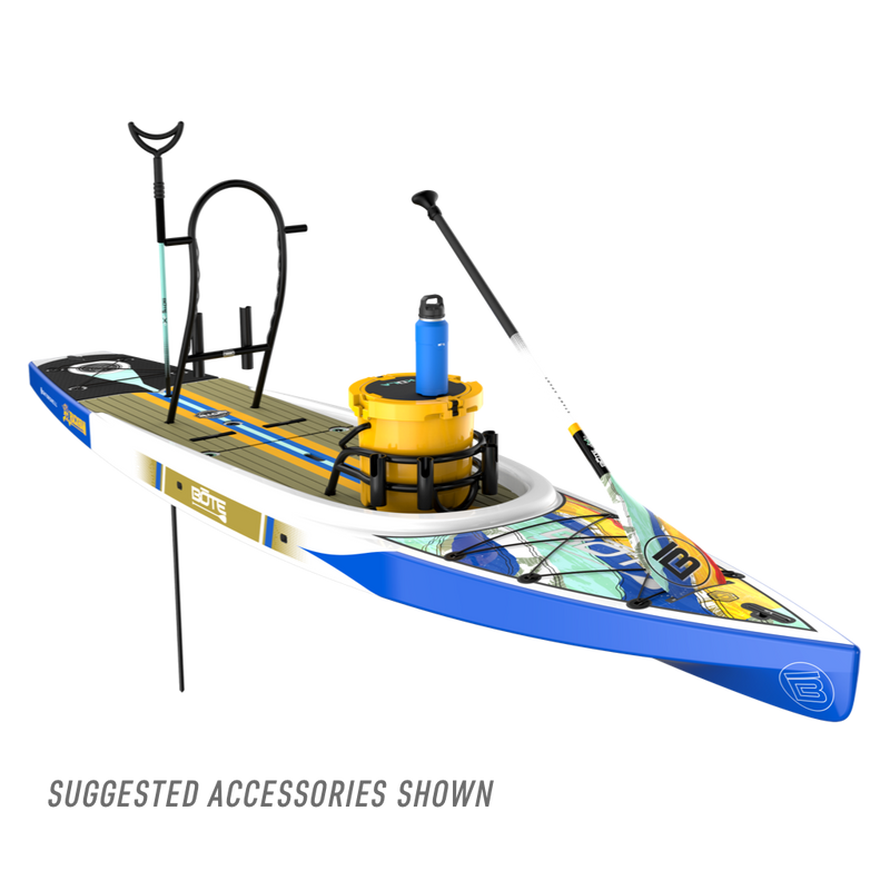 Front angled view of the Rackham 14′ Native Fusion Paddle Board with suggested accessories