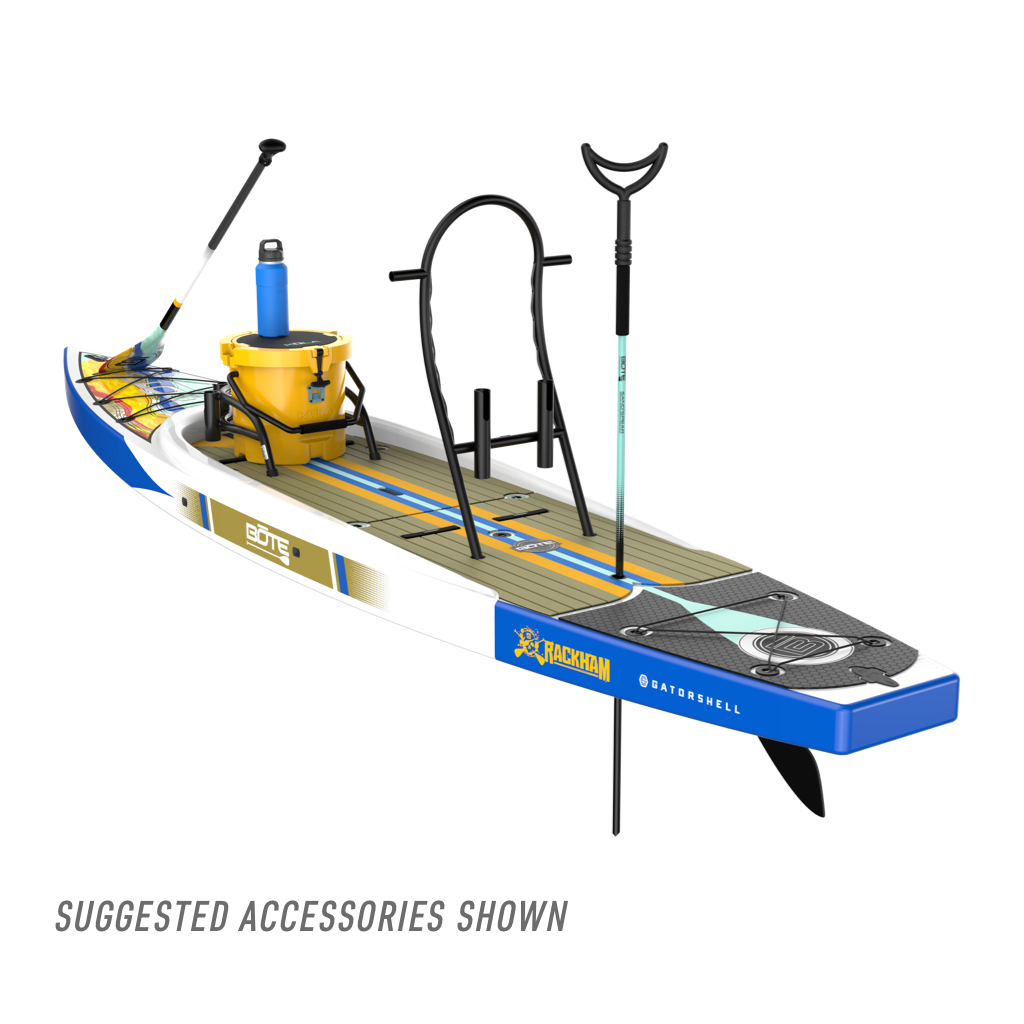 Rear angled view of the Rackham 14′ Native Fusion Paddle Board with suggested accessories