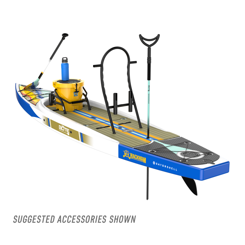 Rear angled view of the Rackham 14′ Native Fusion Paddle Board with suggested accessories