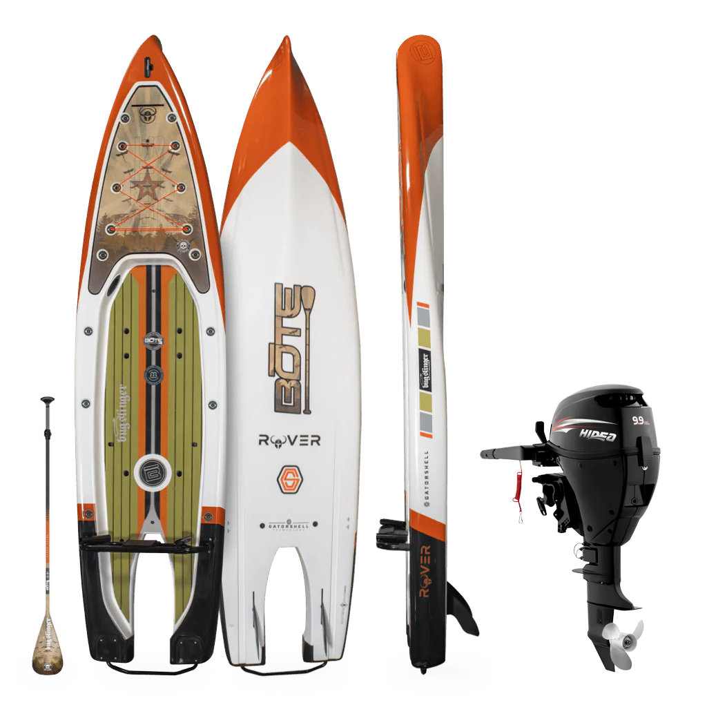 Rover Gatorshell Holiday Package showing top, bottom, and side views with paddle and outboard motor included.