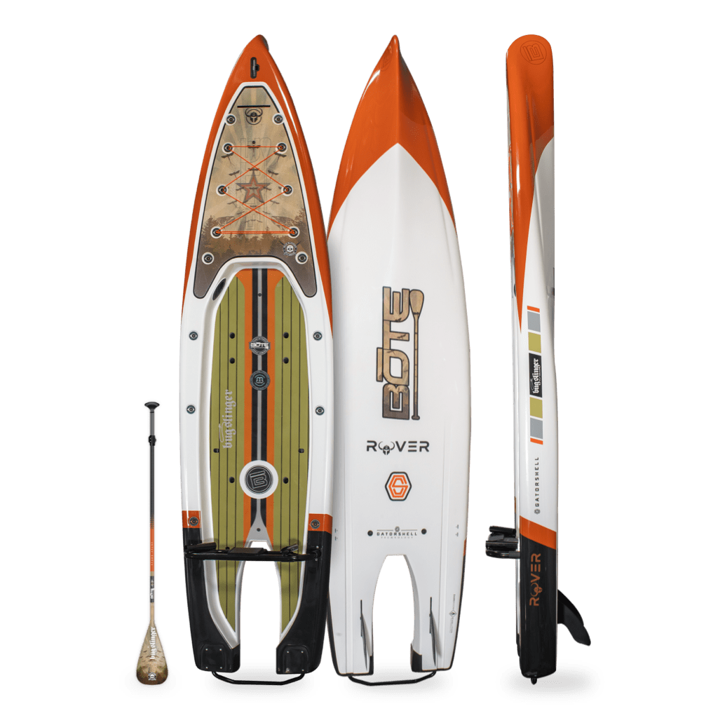 Multi-angle view of the Rover 14' Bug Slinger Backwater Micro Skiff with matching paddle.