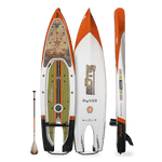 Multi-angle view of the Rover 14' Bug Slinger Backwater Micro Skiff with matching paddle.