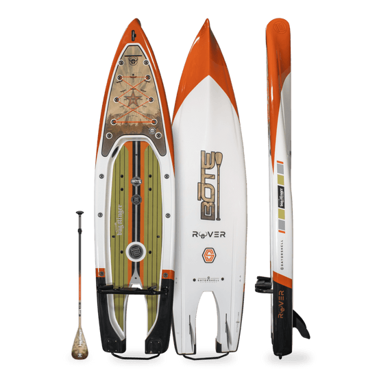 Multi-angle view of the Rover 14' Bug Slinger Backwater Micro Skiff with matching paddle.