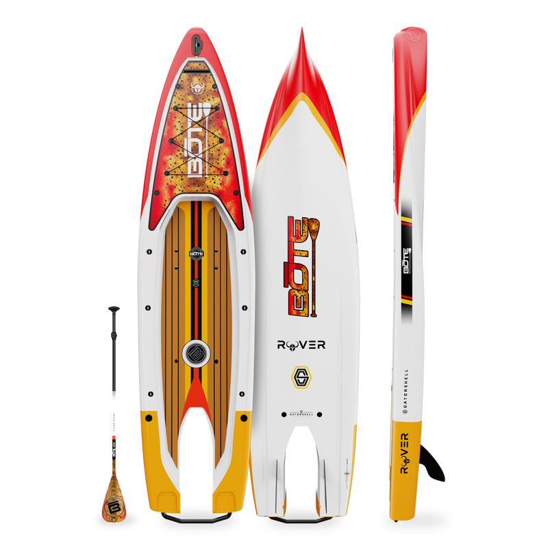 Top, side, and bottom view of the Rover 14′ Fischer Cutthroat Micro Skiff with paddle