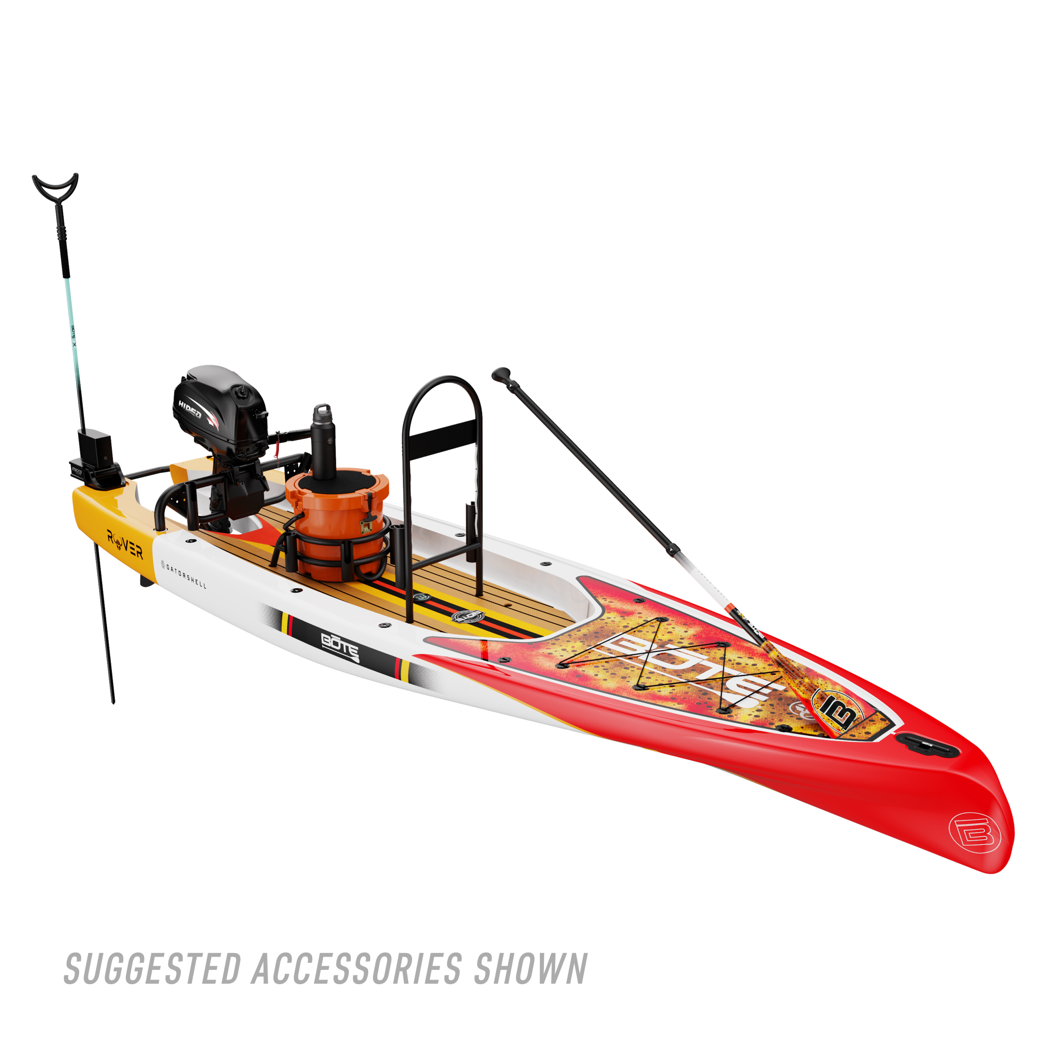Front angled view of the Rover 14′ Fischer Cutthroat Micro Skiff with suggested accessories