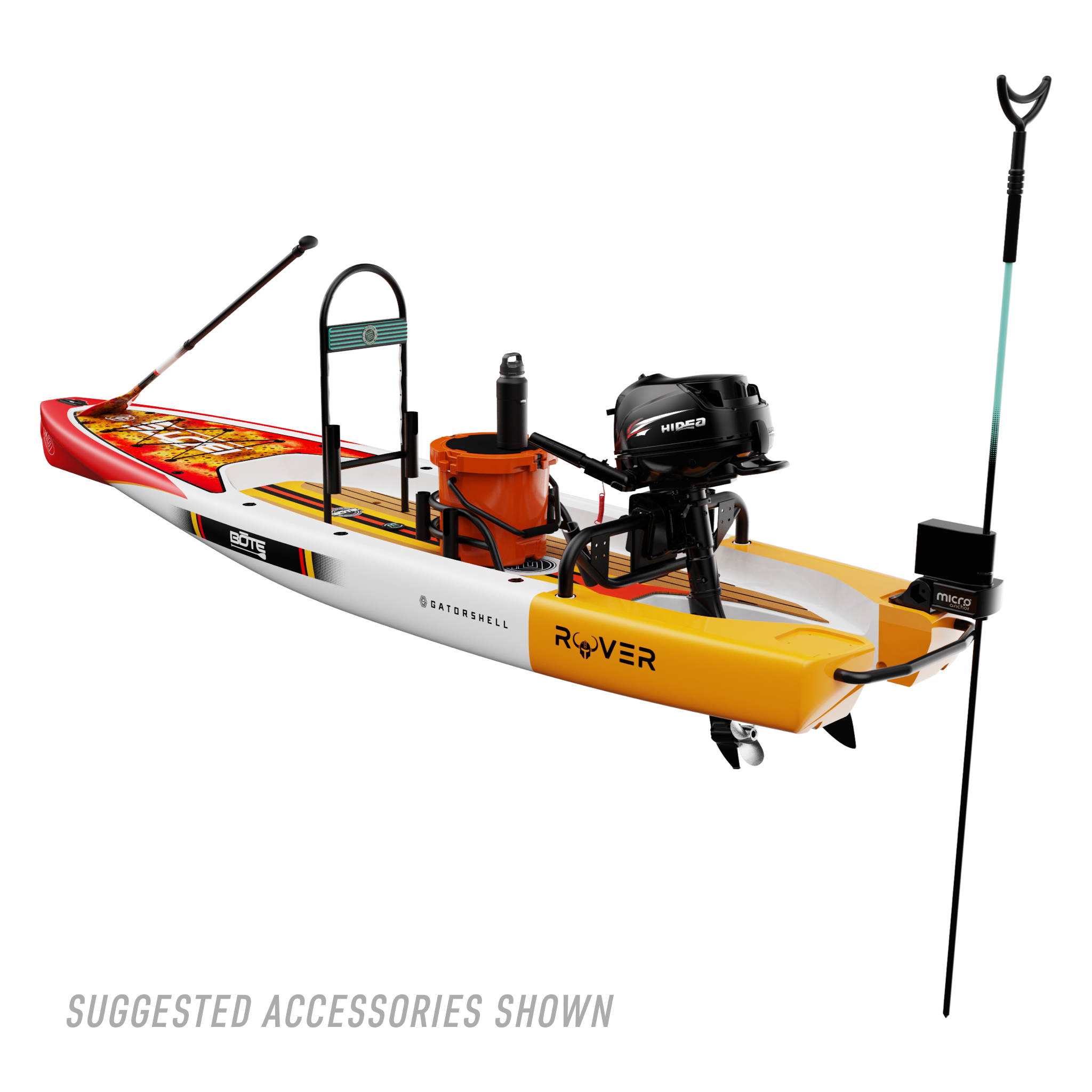 Rear angled view of the Rover 14′ Fischer Cutthroat Micro Skiff with suggested accessories