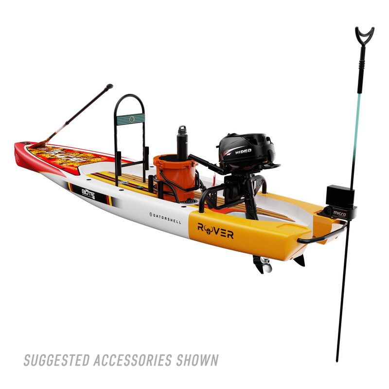 Rear angled view of the Rover 14′ Fischer Cutthroat Micro Skiff with suggested accessories