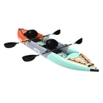 Angled view of Koda Aero Tandem with dual seats, front deck bungees and paddles.