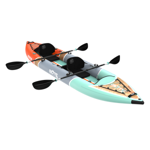 Angled view of Koda Aero Tandem with dual seats, front deck bungees and paddles.