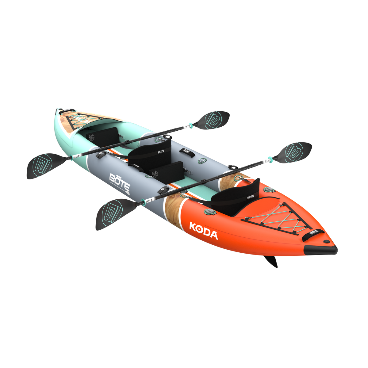 Rear angled view showing the orange stern of the Koda Aero Tandem with bungees and paddles.