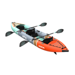 Rear angled view showing the orange stern of the Koda Aero Tandem with bungees and paddles.