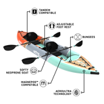 Angled detail view of Koda Aero Tandem highlighting seat positions, carry handles and deck rigging.