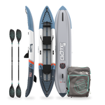 Inflatable kayak with paddles and a carrying bag on a white background