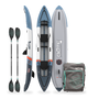 Inflatable kayak with paddles and a carrying bag on a white background