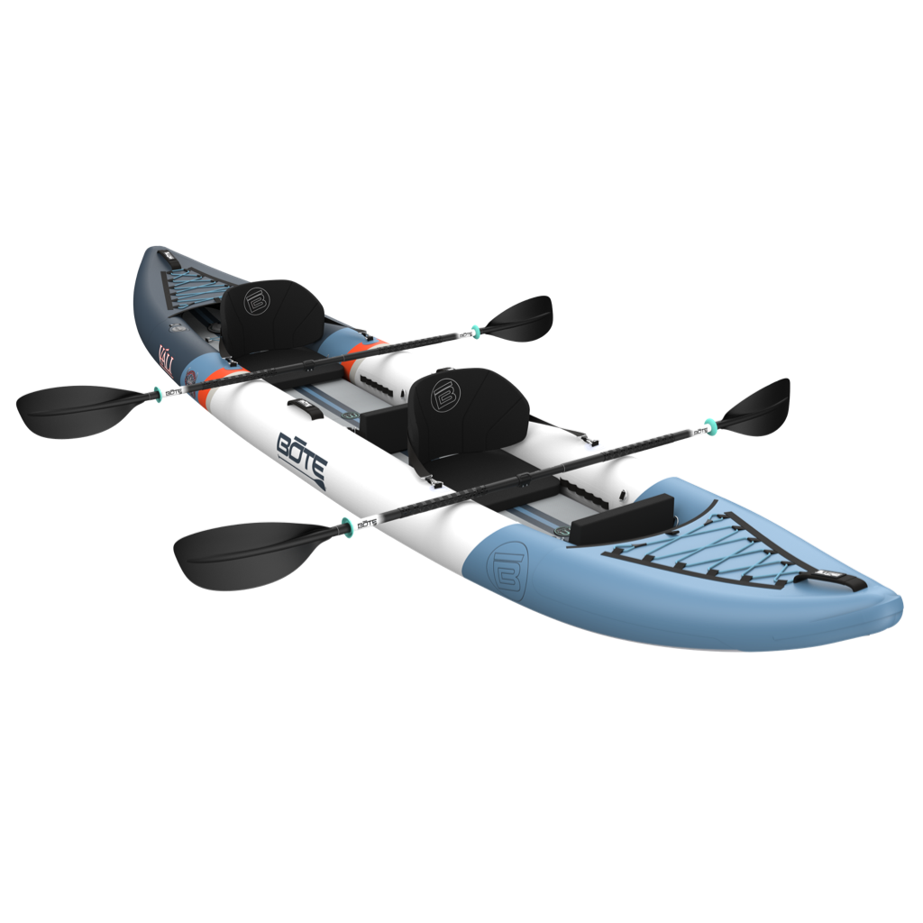 Blue and white kayak with two paddles on a white background