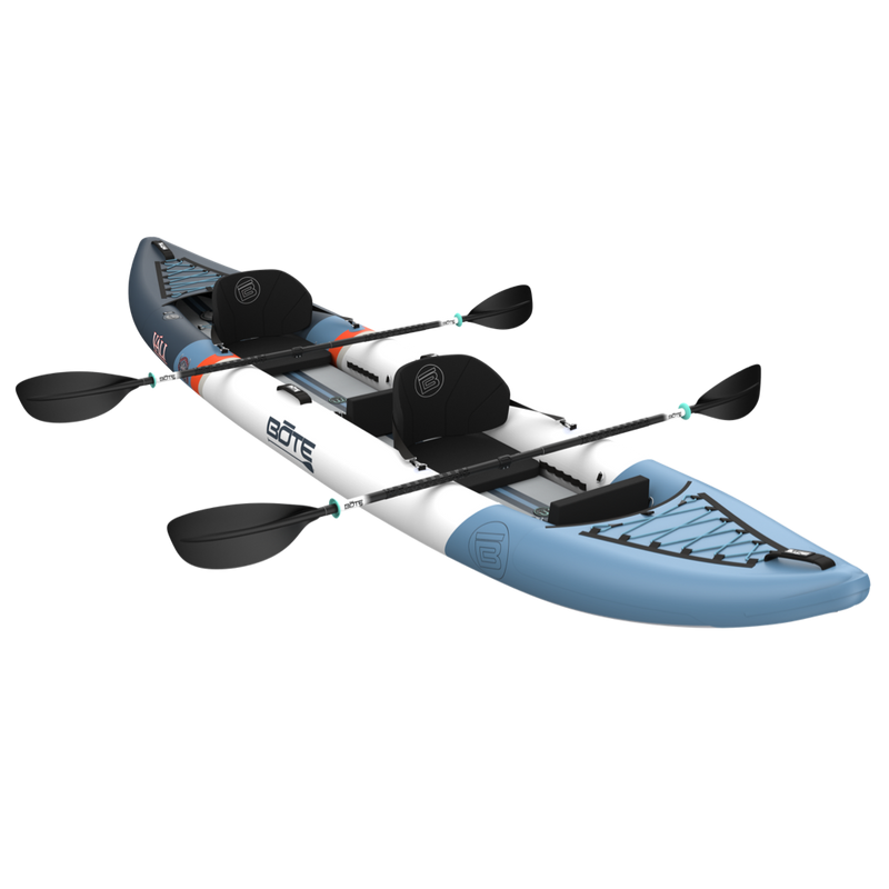 Blue and white kayak with two paddles on a white background
