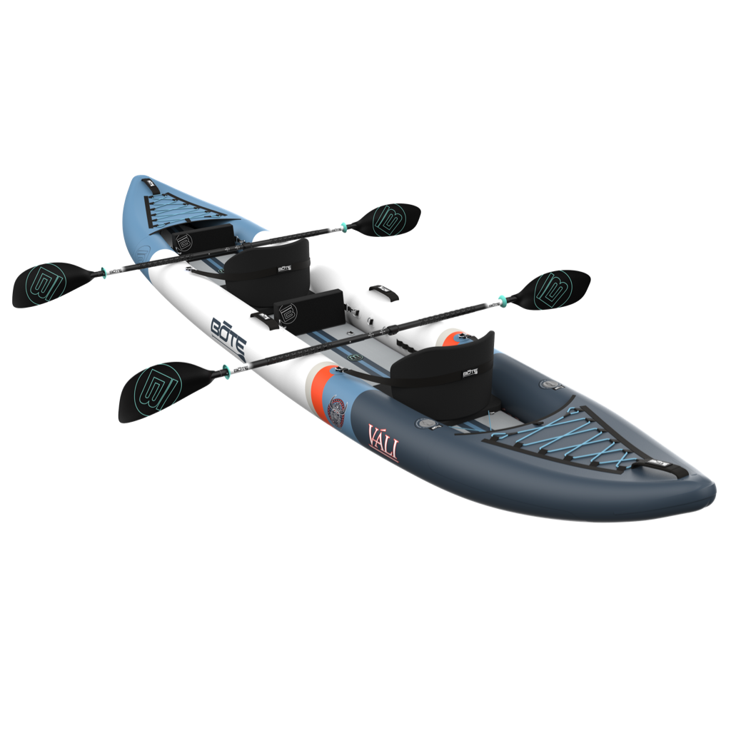 Vali Aero Tandem two-person kayak with paddles.